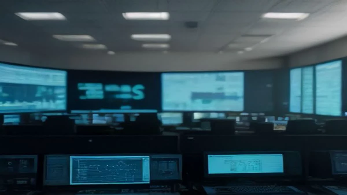 Photograph: wide establishing shot of a control room with monitors showing abstract dashboards, no readable text, soft morning light