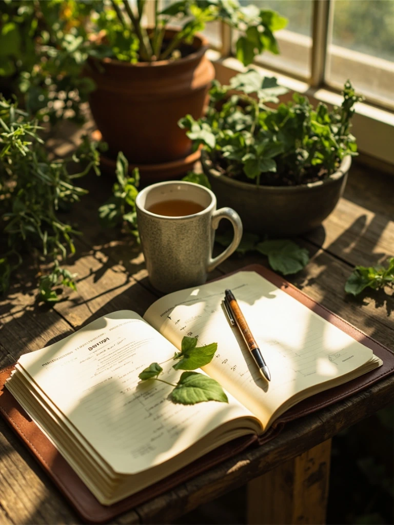 A garden journal open to handwritten weekly task entries on a potting bench