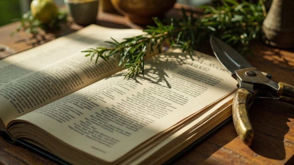 A botanical reference book on a garden table.